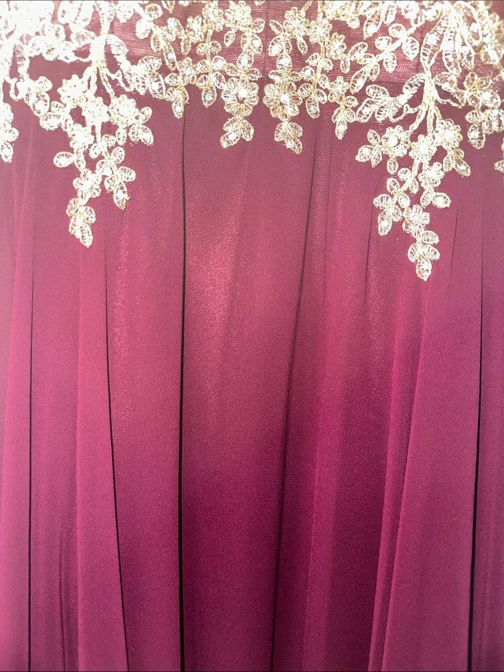 David's Bridal Plum Gown with Gold Embellishment
